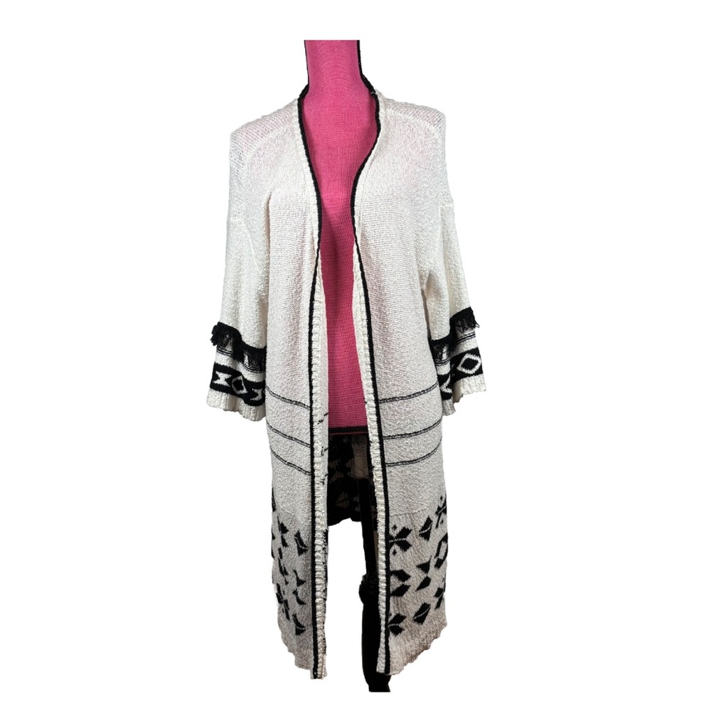 Rachel Zoe Open Cardigan Sweater Women’s 1X White Black Tribal Aztec Boho Fringe